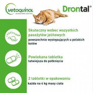 VETOQUINOL Drontal Cat 230 mg/20 mg - tabletki na odrobaczanie dla kotów do 8kg / 2 tabl.