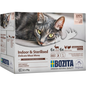 BOZITA Indoor and Sterilised Kawałeczki w galaretce z wołowiną oraz indykiem - mokra karma dla kotów 12x 85g (multibox)