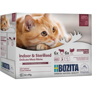 BOZITA Indoor and Sterilised Kawałeczki w galaretce z wołowiną oraz indykiem - mokra karma dla kotów 12x 85g (multibox)