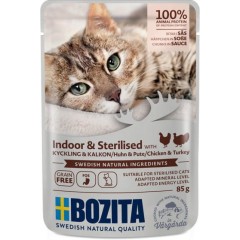 BOZITA Indoor and Sterilised Kawałeczki w sosie z kurczakiem i indykiem - mokra karma dla kotów 85g (saszetka)