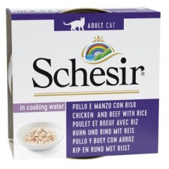 SCHESIR Cat Filety z kurczaka z wołowiną i ryżem 85g (puszka)