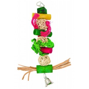 PANAMA PET Wisząca zabawka z kolorowymi kulkami wiklinowymi, drewnianymi klockami, skórzanymi paskami i dzwonkiem
