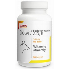 DOLFOS Fosforan wapnia AD3E - witaminowo-mineralny suplement diety dla psów - 90 tabletek PROMO Krótki termin