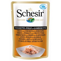 SCHESIR Cat Tuńczyk z kurczakiem i krewetkami w galaretce 50g (saszetka)