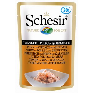 SCHESIR Cat Tuńczyk z kurczakiem i krewetkami w galaretce 50g (saszetka)