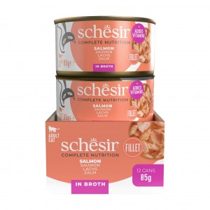 SCHESIR karma mokra dla kotów łosoś w naturalnym bulionie 85 g (puszka)