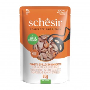 SCHESIR karma mokra dla kotów tuńczyk z kurczakiem i krewetkami w galarecie 85 g (saszetka)