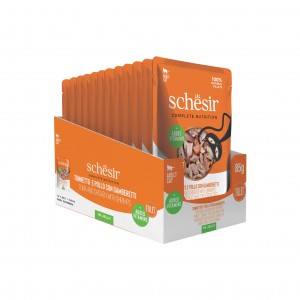 SCHESIR karma mokra dla kotów tuńczyk z kurczakiem i krewetkami w galarecie 85 g (saszetka)