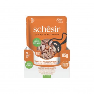 SCHESIR karma mokra dla kotów tuńczyk z kurczakiem i krewetkami w galarecie 85 g (saszetka)