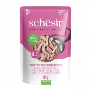 SCHESIR karma mokra dla kotów tuńczyk z kurczakiem i szynką w galarecie 85 g (saszetka)