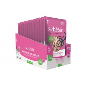 SCHESIR karma mokra dla kotów tuńczyk z kurczakiem i szynką w galarecie 85 g (saszetka)