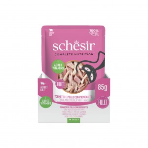 SCHESIR karma mokra dla kotów tuńczyk z kurczakiem i szynką w galarecie 85 g (saszetka)
