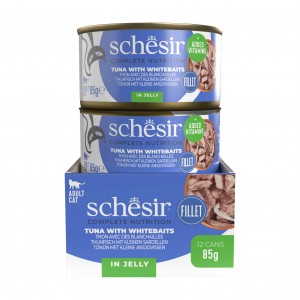 SCHESIR karma mokra dla kotów tuńczyk ze szprotkami w galarecie 85 g (puszka)