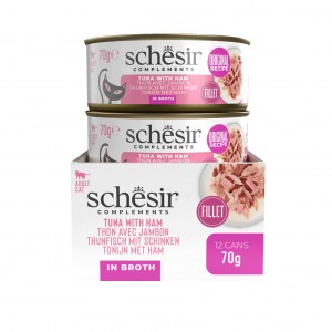 SCHESIR Complements karma mokra dla kotów tuńczyk z szynką w bulionie 70 g (puszka)